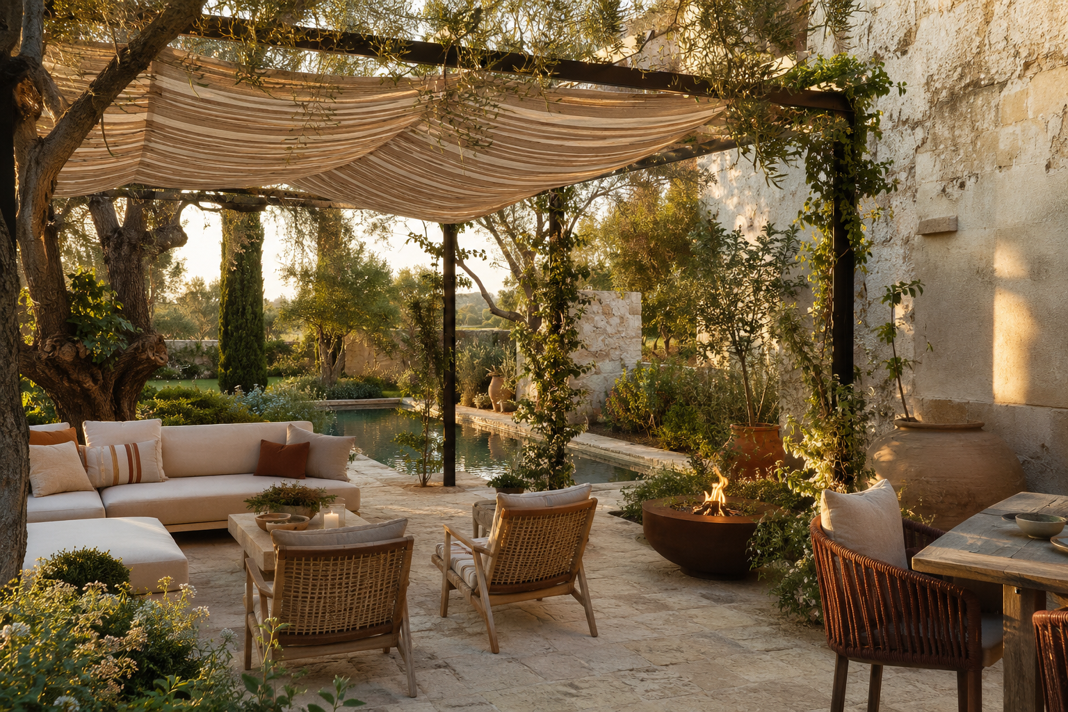 Covered outdoor patio at dusk with a vine-draped pergola, deep sectional seating and a lit fire feature