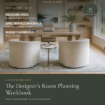 Magazine-style cover for The Designer’s Room Planning Workbook over a home office with oak built-in shelving