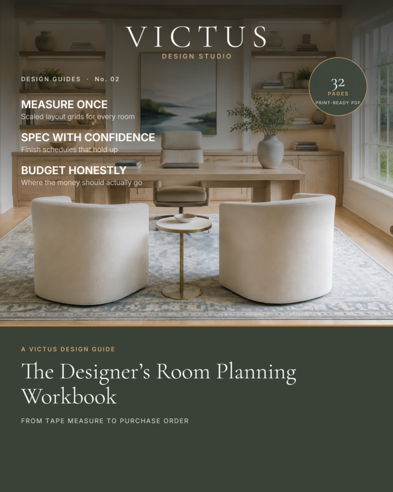 Magazine-style cover for The Designer’s Room Planning Workbook over a home office with oak built-in shelving