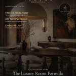 Magazine-style cover for The Luxury Room Formula over a moody dining room with a dome pendant and abstract art