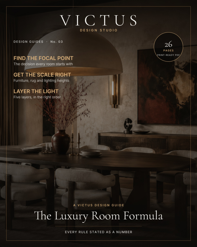 Magazine-style cover for The Luxury Room Formula over a moody dining room with a dome pendant and abstract art