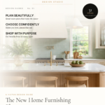 Magazine-style cover for The New Home Furnishing Planner over a sunlit kitchen with sage cabinetry and brass pendants