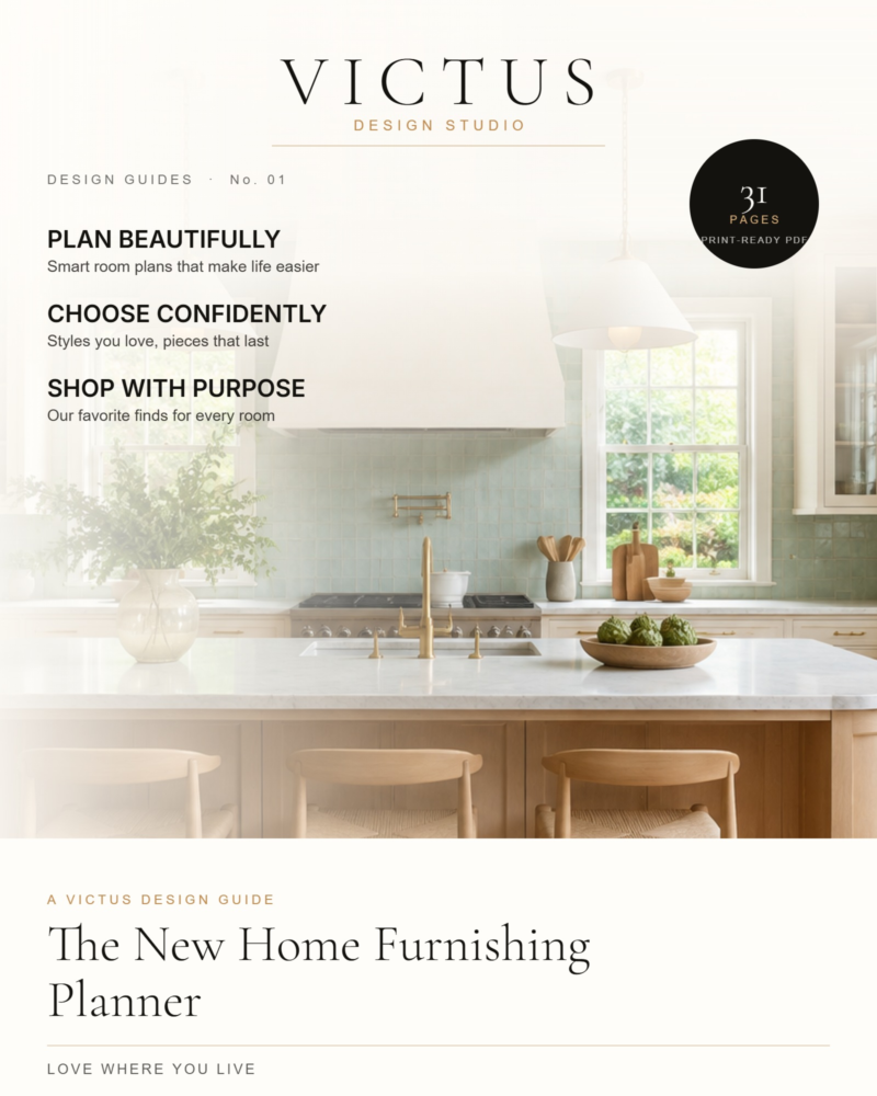 Magazine-style cover for The New Home Furnishing Planner over a sunlit kitchen with sage cabinetry and brass pendants
